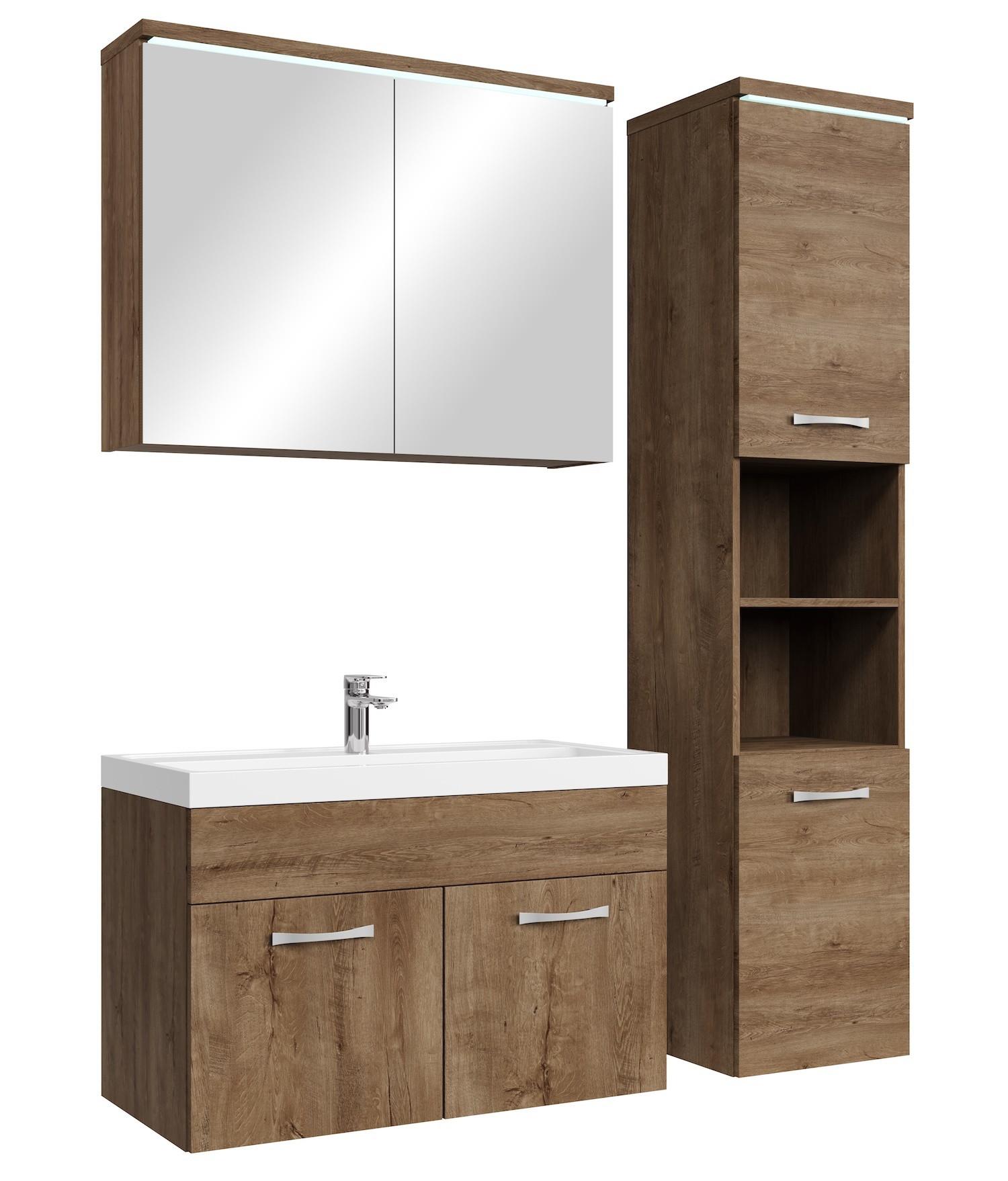 BADMÖBEL-SET Paso LED 4 Teile Braun Eiche - 80 x 35 x 55 cm - Eichefarben/Braun, Holz (80/55/40cm) - Badplaats