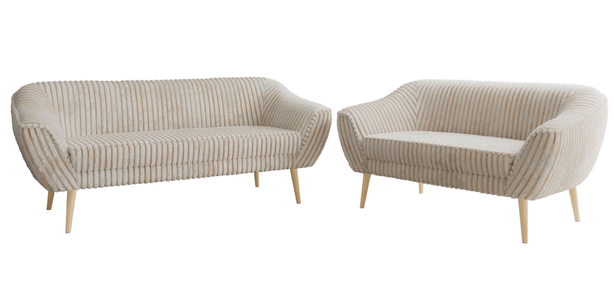 SITZGARNITUR PIRS 3+2 - Beige Cord - Holzbeine - Beige/Buchefarben, Holzwerkstoff/Textil (180/75/74cm) - MKS