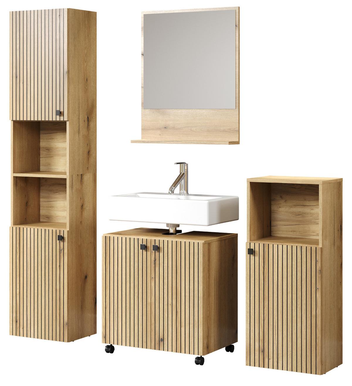 BADMÖBEL-SET Evoke Eiche 4-teilig 160 x 190 cm, Badkombination mit viel Stauraum - Eichefarben/Schwarz, Glas/Holzwerkstoff (160/190/40cm) - Top.Furn