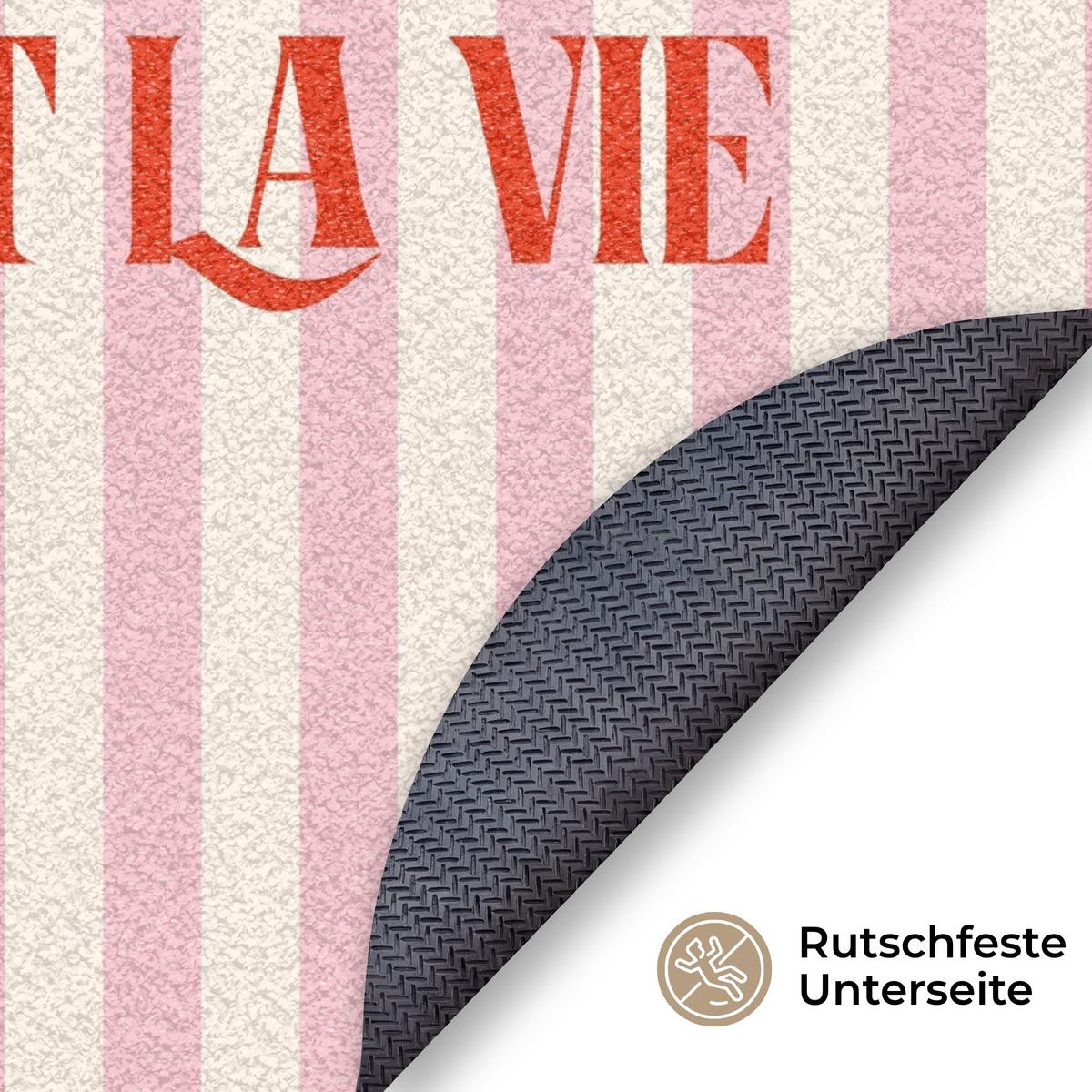 FUSSMATTE Zartrosa – Rot – Streifen – C'est La Vie 120x120 cm - Rosa, Kunststoff (120/0.4cm) - MuchoWow