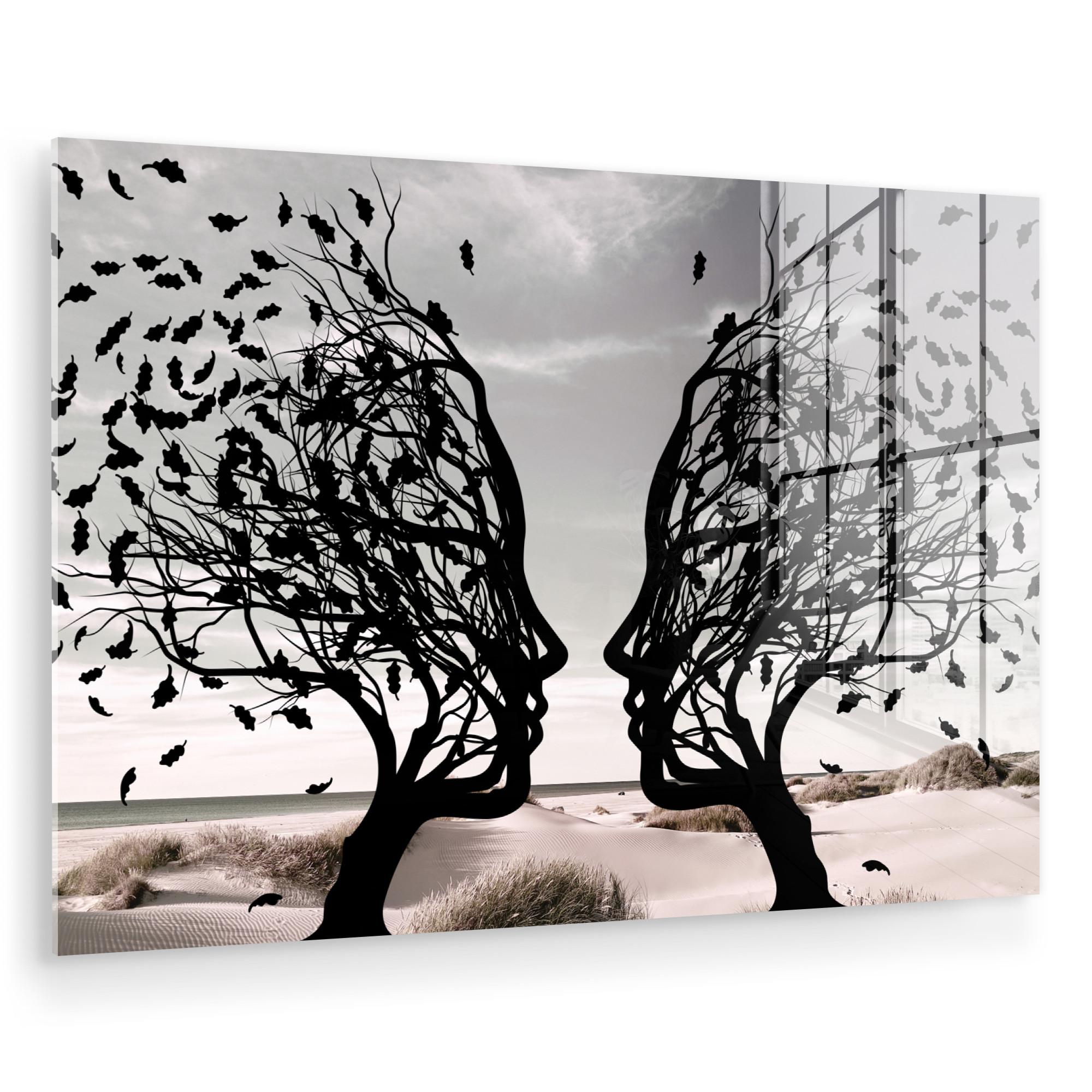 ACRYLGLASBILD Strand - Meer - Menschen - Baum - Moderne Kunst Room Decor 90x60 cm - Hellgrau, Glas (90/60cm) - MuchoWow