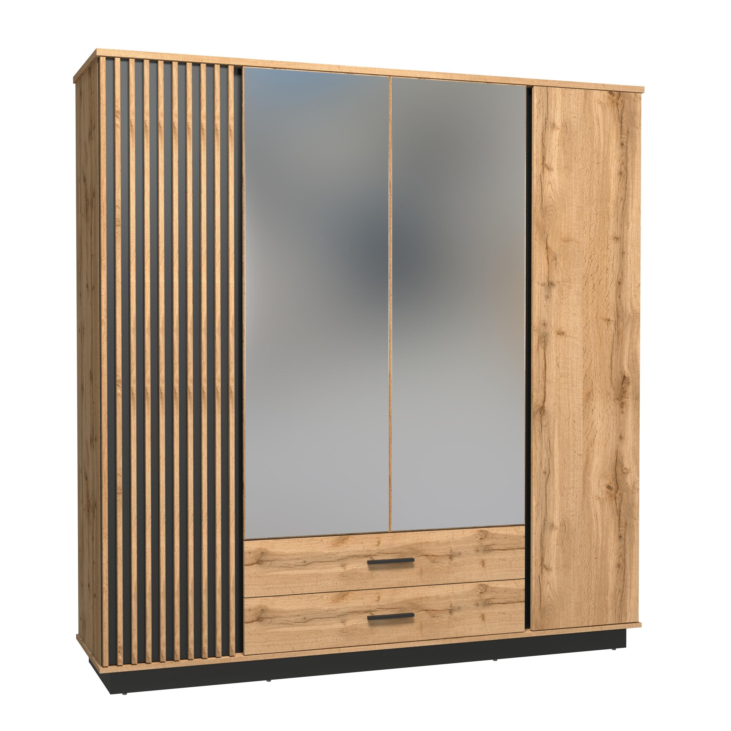DREHTÜRENSCHRANK Lamelo mit 4 Türen und 2 Schubladen, mit Spiegel, 196 cm, Eiche Wotan - Eiche Wotan, Holzwerkstoff (196/205/52cm) - Beautysofa