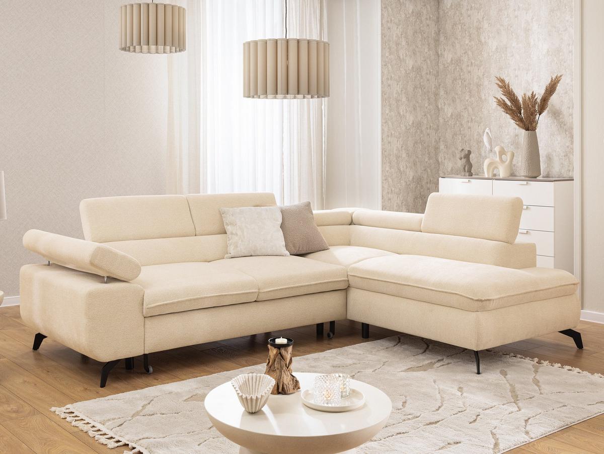 ECKSOFA mit Schlaffunktion und Bettkasten Bonnie aus Creme Chenille-Stoff mit verstellbaren Kopfstützen und Armlehne - Ottomane rechts - Creme/Schwarz, Holz/Textil (275/210cm) - S-Style