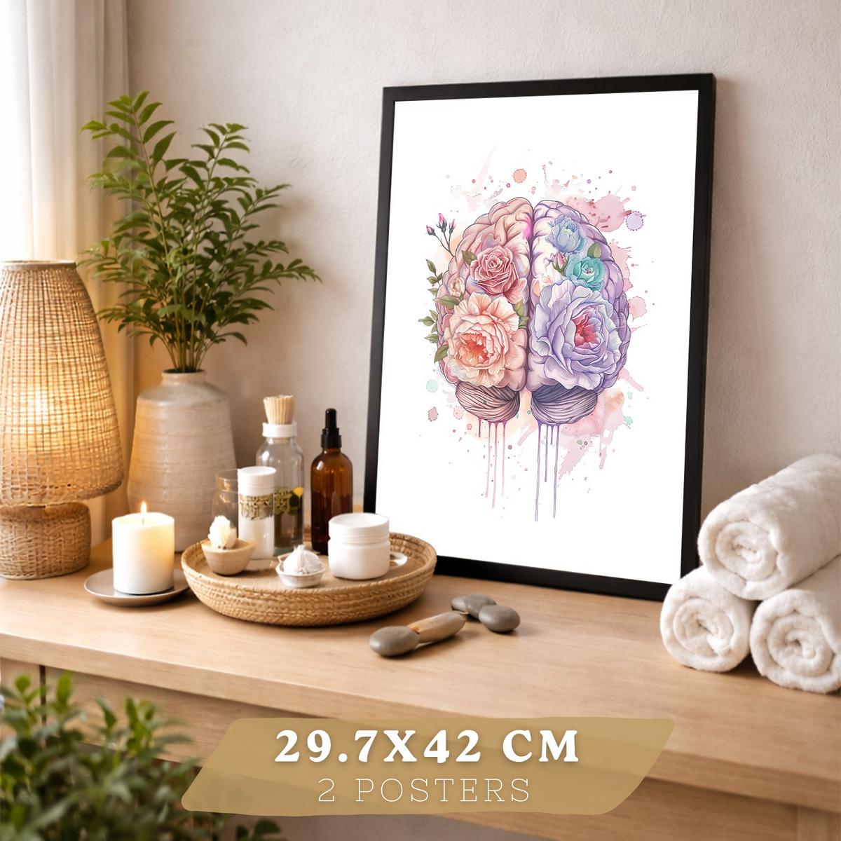 POSTER Set aus 2 Anatomie Mensch Drucke und mit Lungen Luftröhre Bronchien und Gehirn Pastellfarbenes Florales Aquarell Größe Schwarzer Rahmen A3 - Schwarz, Papier (29.7/42/3cm) - Nacnic