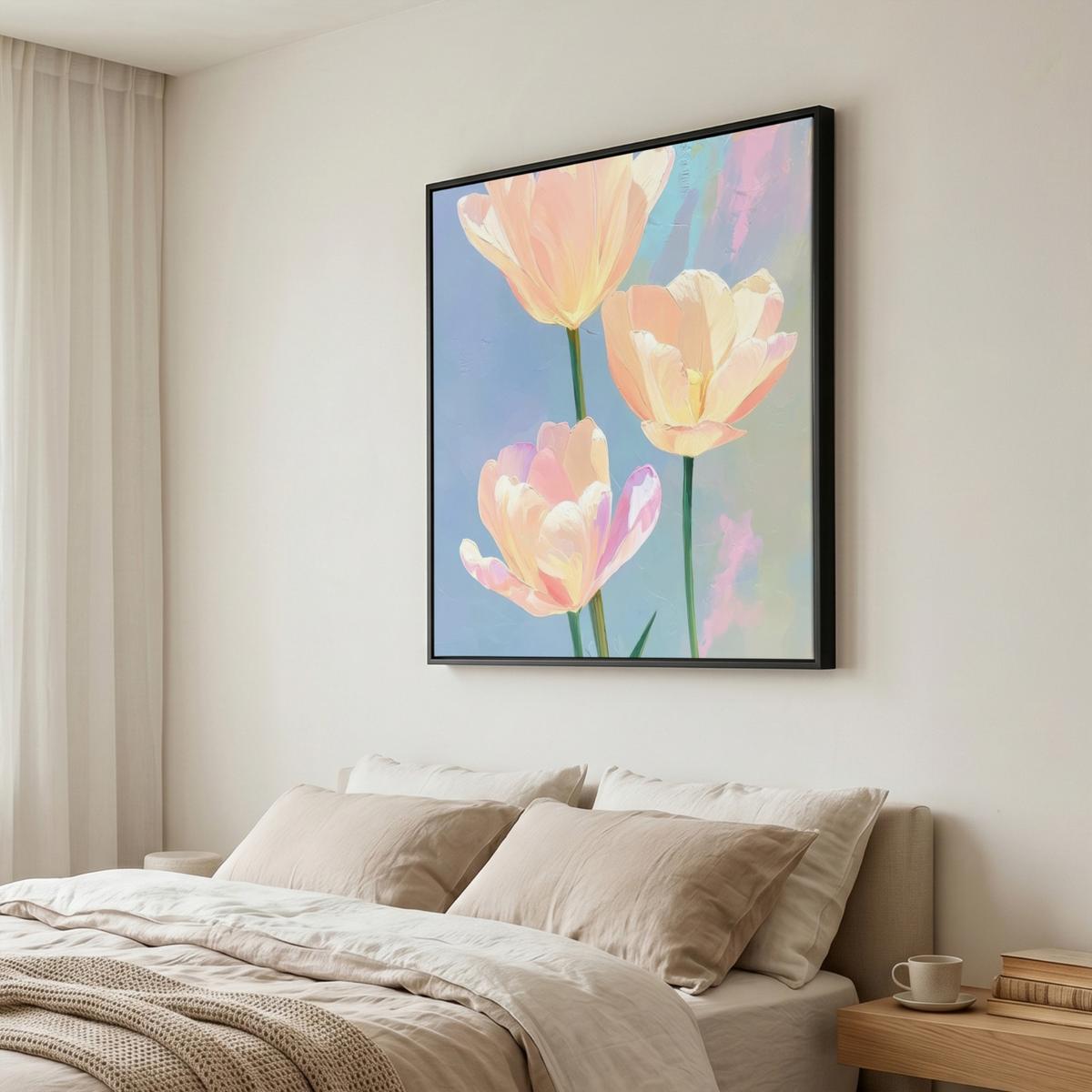 LEINWAND Bilder mit Rahmen - Tulpen - Rosa Akzente - Blau - 90x90 - Pastellblau, Textil (90/90cm) - MuchoWow