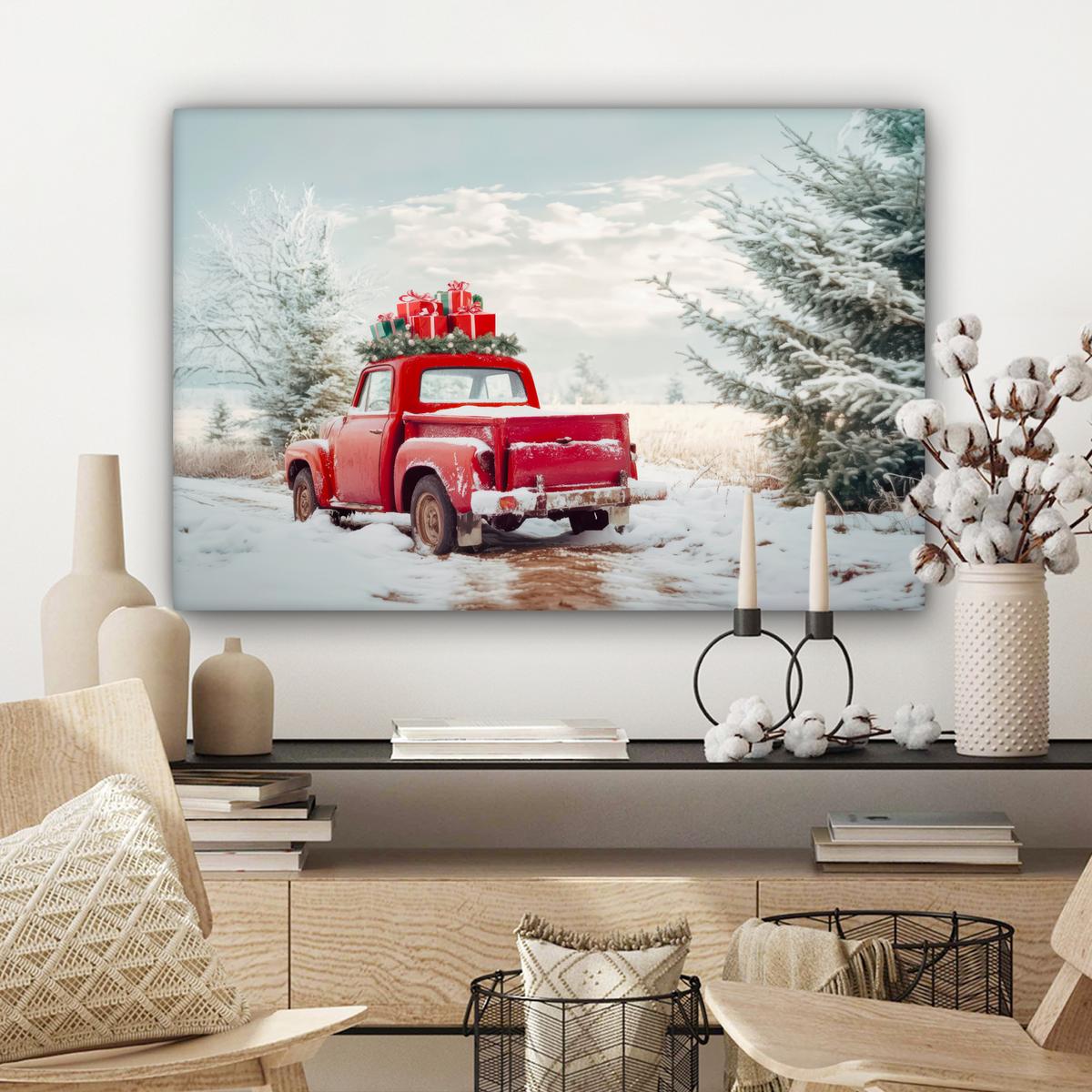 LEINWANDBILD Auto - Rot - Geschenke - Winter - Schnee - Weihnachten Gemälde 60x40 cm - Rot, Textil (60/40cm) - MuchoWow