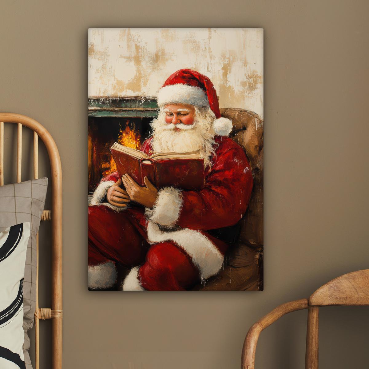 LEINWANDBILD Weihnachten - Weihnachtsmann - Winter - Open Fireside Wanddeko Schlafzimmer 60x90 cm - Dunkelrot, Textil (60/90cm) - MuchoWow