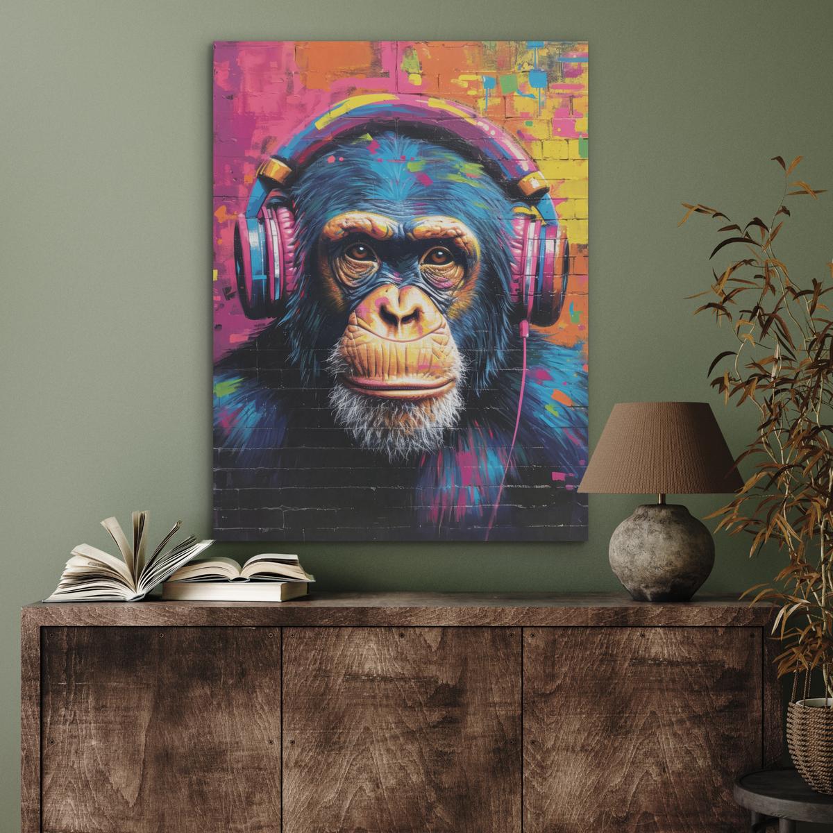 AKUSTIKBILD Graffiti - Schimpanse - Straßenkunst - Kopfhörer - Affe Wandbilder 60x80 cm - Blau, Kunststoff (60/80/0.9cm) - MuchoWow