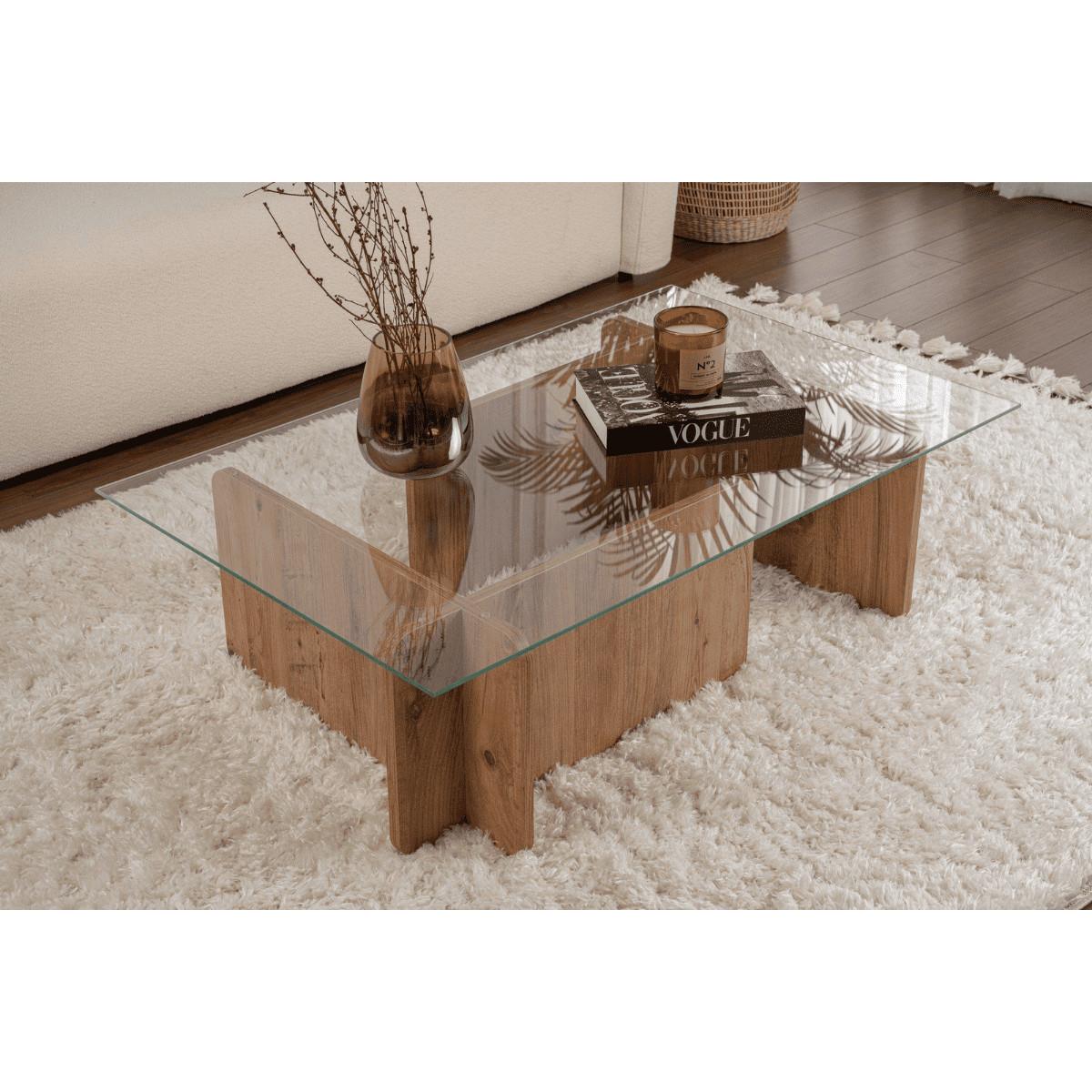 COUCHTISCH mit Tischplatte aus gehärtetem Glas 105/65/30 cm - Kieferfarben, Holzwerkstoff (110/65/30cm) - Calicosy