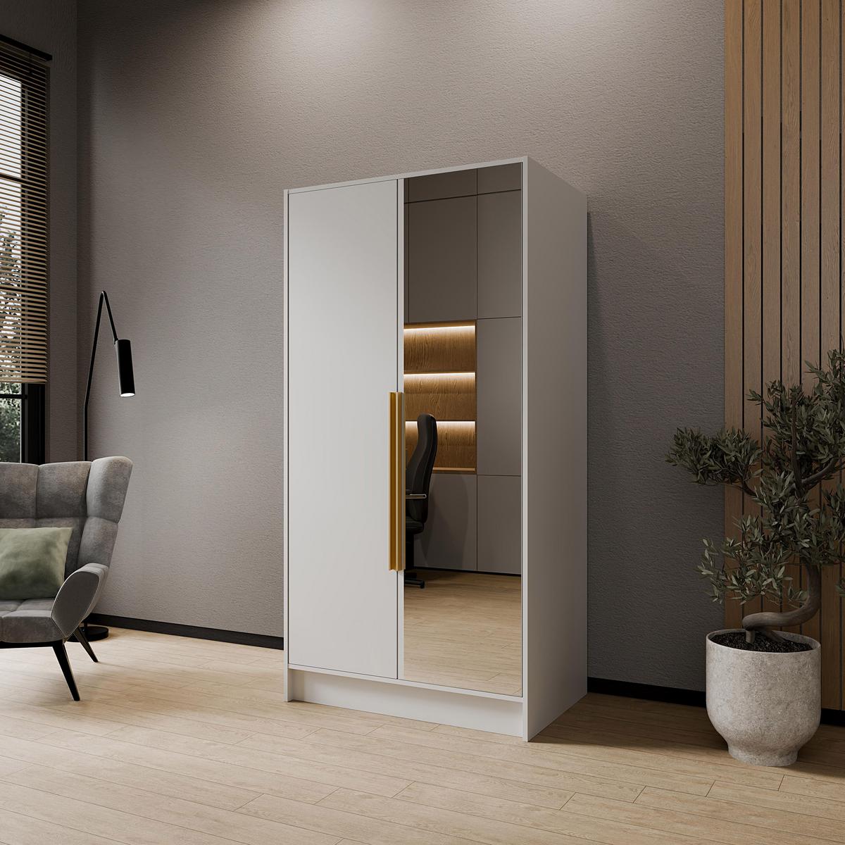 DREHTÜRENSCHRANK Laro mit Spiegel, Weiß mit mit goldenen Griffen, 100 cm - Weiß, Holzwerkstoff (100/200/51cm) - Beautysofa