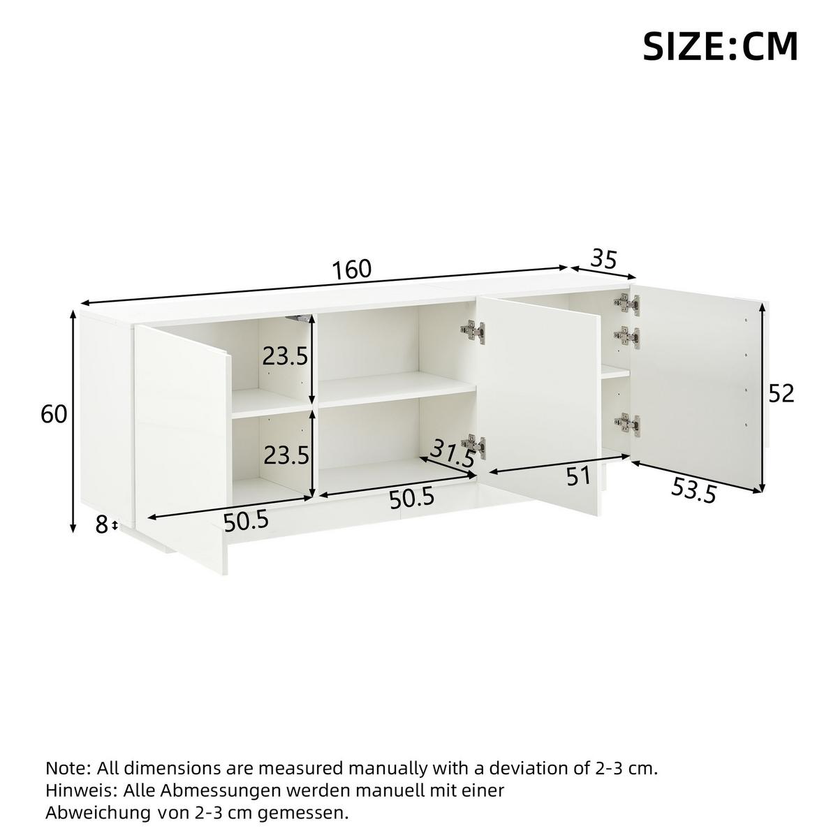 SIDEBOARD 160cm Weiß Hochglanz – Kommode mit 3 Türen & 6 Fächern - Weiß, Holzwerkstoff (35/60/160cm) - Urban Meuble