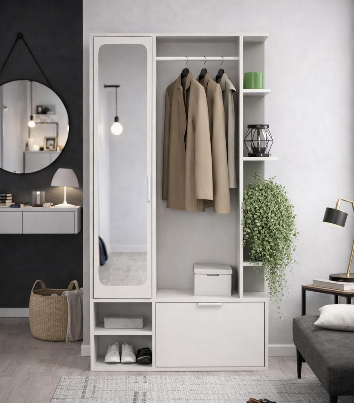 GARDEROBENSCHRANK Nemrut Weiß 100/189/33 cm – Modern, mit Spiegel und viel Stauraum - Weiß, Holzwerkstoff/Kunststoff (100/189.4/33cm) - AX Living