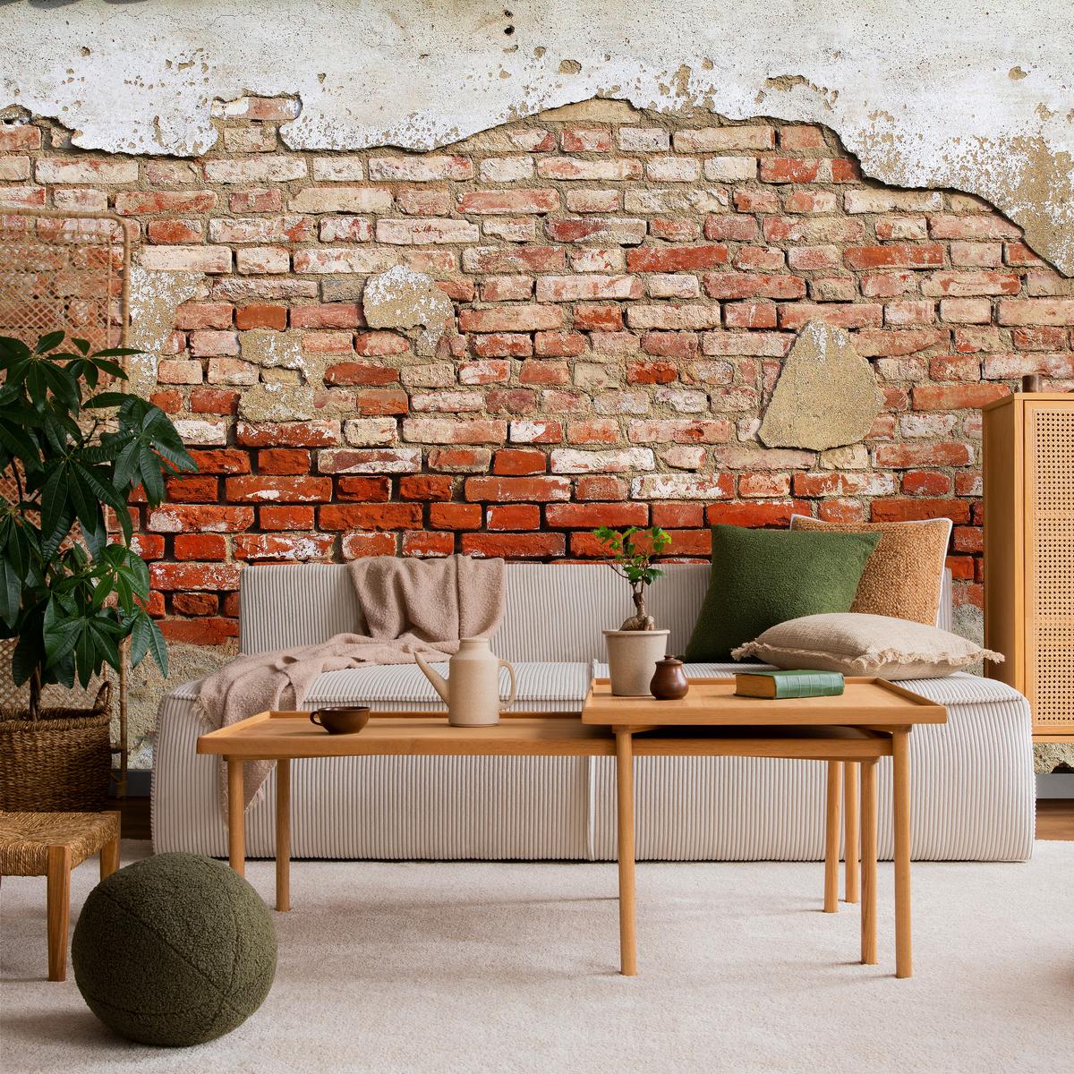 FOTOTAPETE für Wohnzimmer Alte Rissige Rote Ziegelwand Rustikal 450x315 - Beige/Rot, Papier (450/315cm) - Muralo