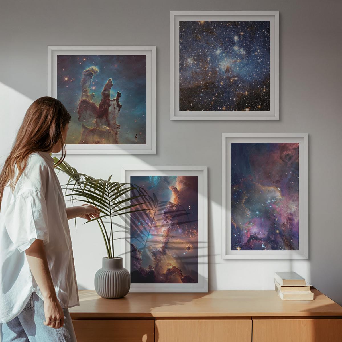 BILDER SET 4er Set - 50x50 cm & 40x60 cm Weißer Rahmen - Kosmische Sternenlandschaften - Weiß, Kunststoff (50/50cm) - TULUP
