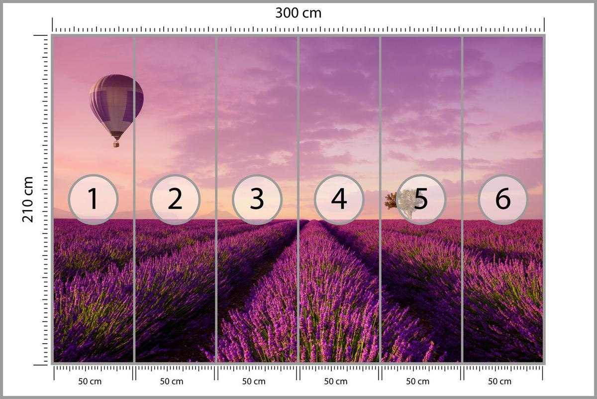 FOTOTAPETE für Wohnzimmer Lavendelfeld Heißluftballon Provence 300x210 - Violett/Lila, Papier (300/210cm) - Muralo