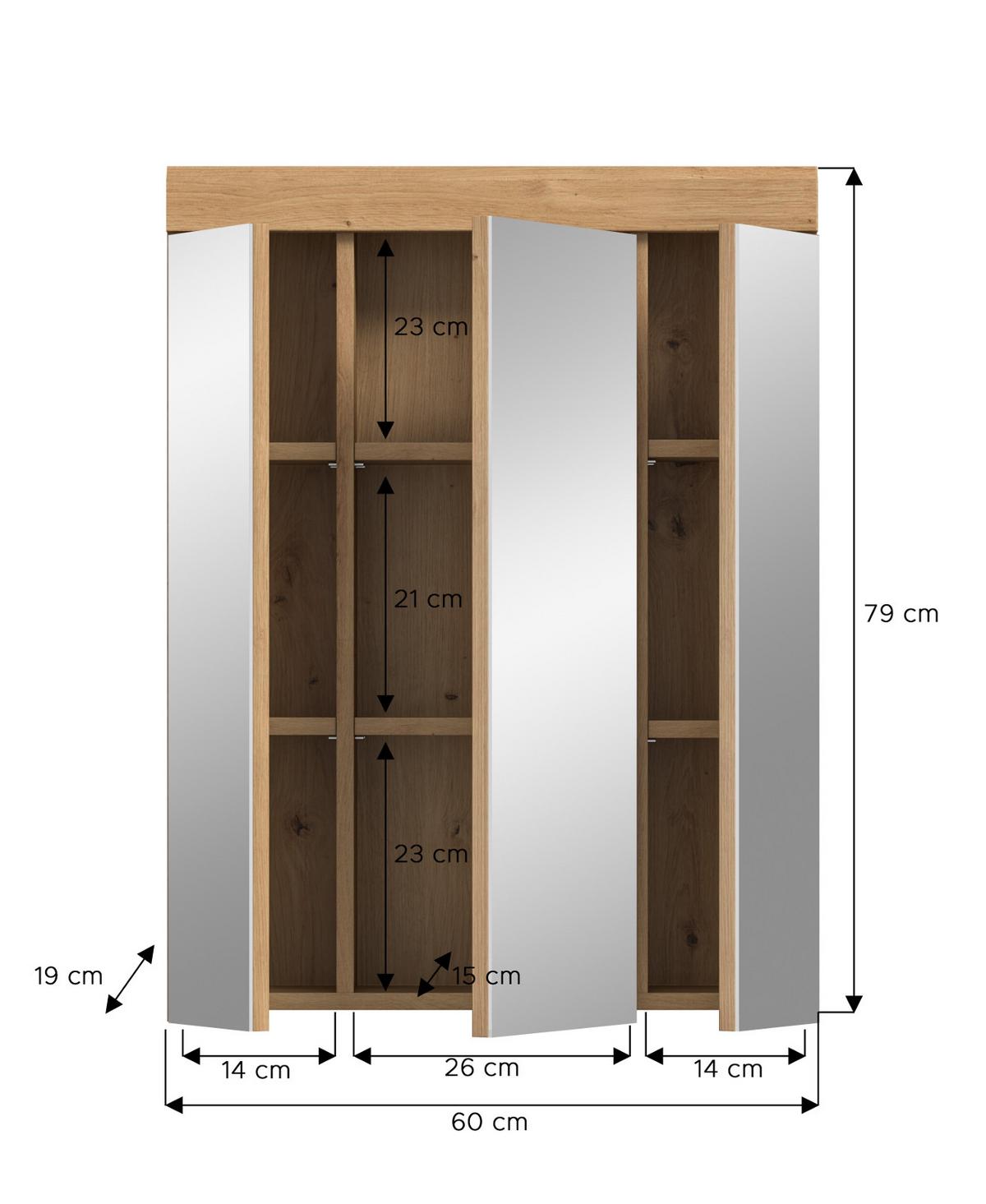 SPIEGELSCHRANK Salbei grün, Eiche Artisan 60 cm, Badschrank 3-türig - Eiche Artisan, Glas/Holzwerkstoff (60/79/18cm) - Inn.Furn