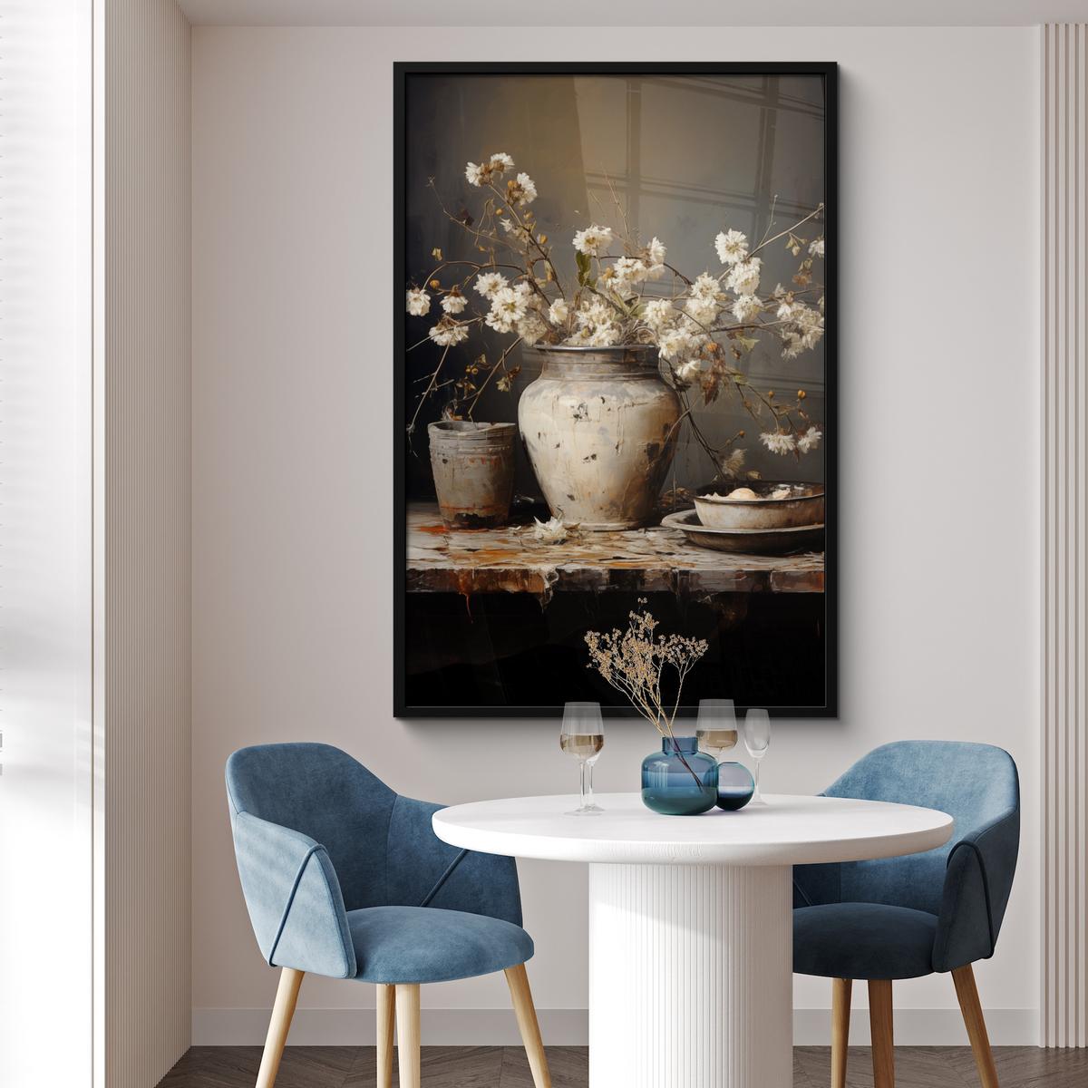 POSTER MIT RAHMEN Stilleben - Blumen - Blumenstrauß - Vase - Wein Bilderleiste 80x120 cm - Schwarz, Papier (80/120cm) - MuchoWow