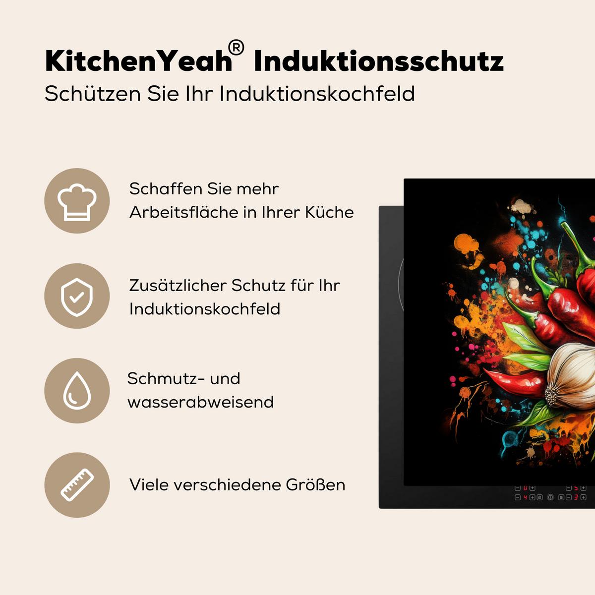 HERDABDECKPLATTE Gemüse - Paprika - Knoblauch - Graffiti - Farbe - Bunt Induktionsmatte 83x51 cm - Rot, Kunststoff (83/51.5/0.2cm) - MuchoWow