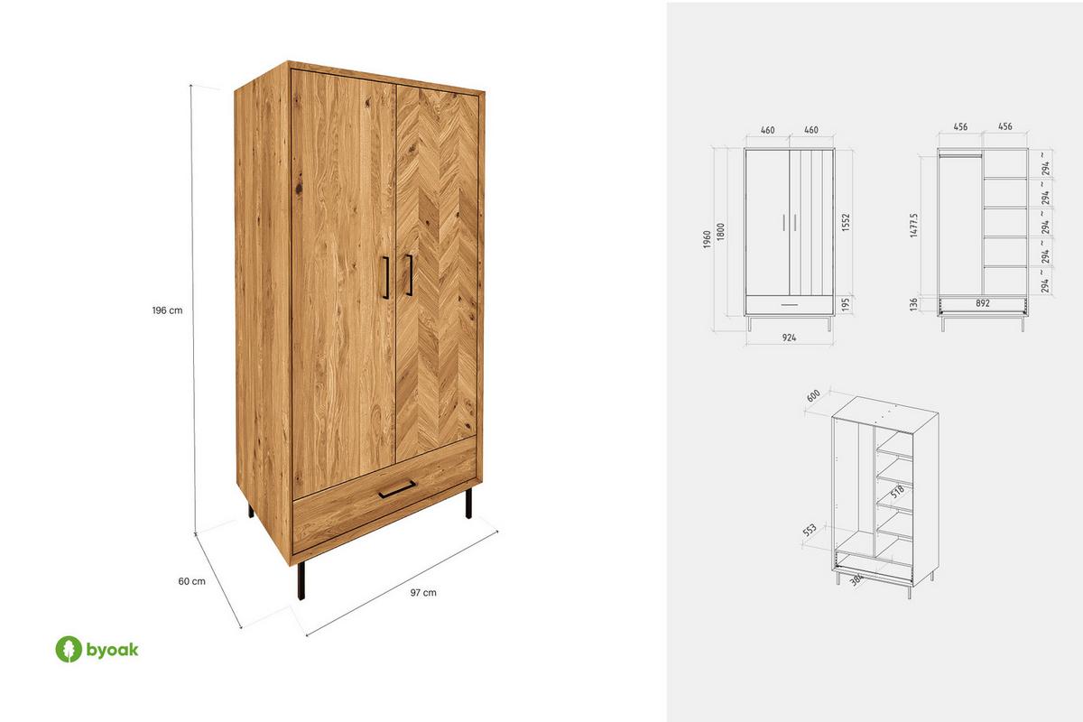 KLEIDERSCHRANK 2 TÜREN LEON Wildeiche - Wildeiche, Holz (97/196/45cm) - byoak