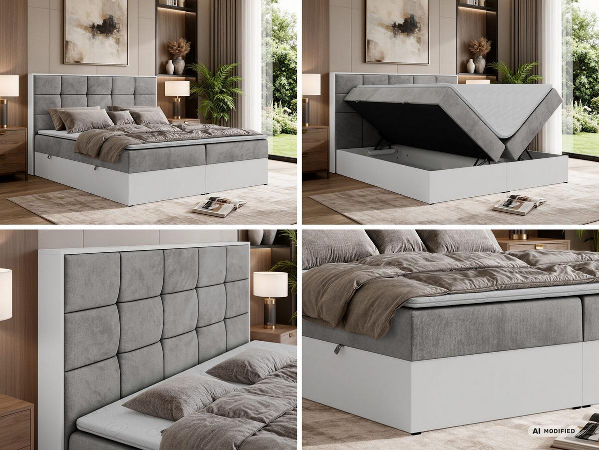 BOXBETT ALVIT 140/200 - Hellgrau Velvet - Topper Visco - H4 - Hellgrau/Schwarz, Kunststoff/Textil (140/200cm) - MKS