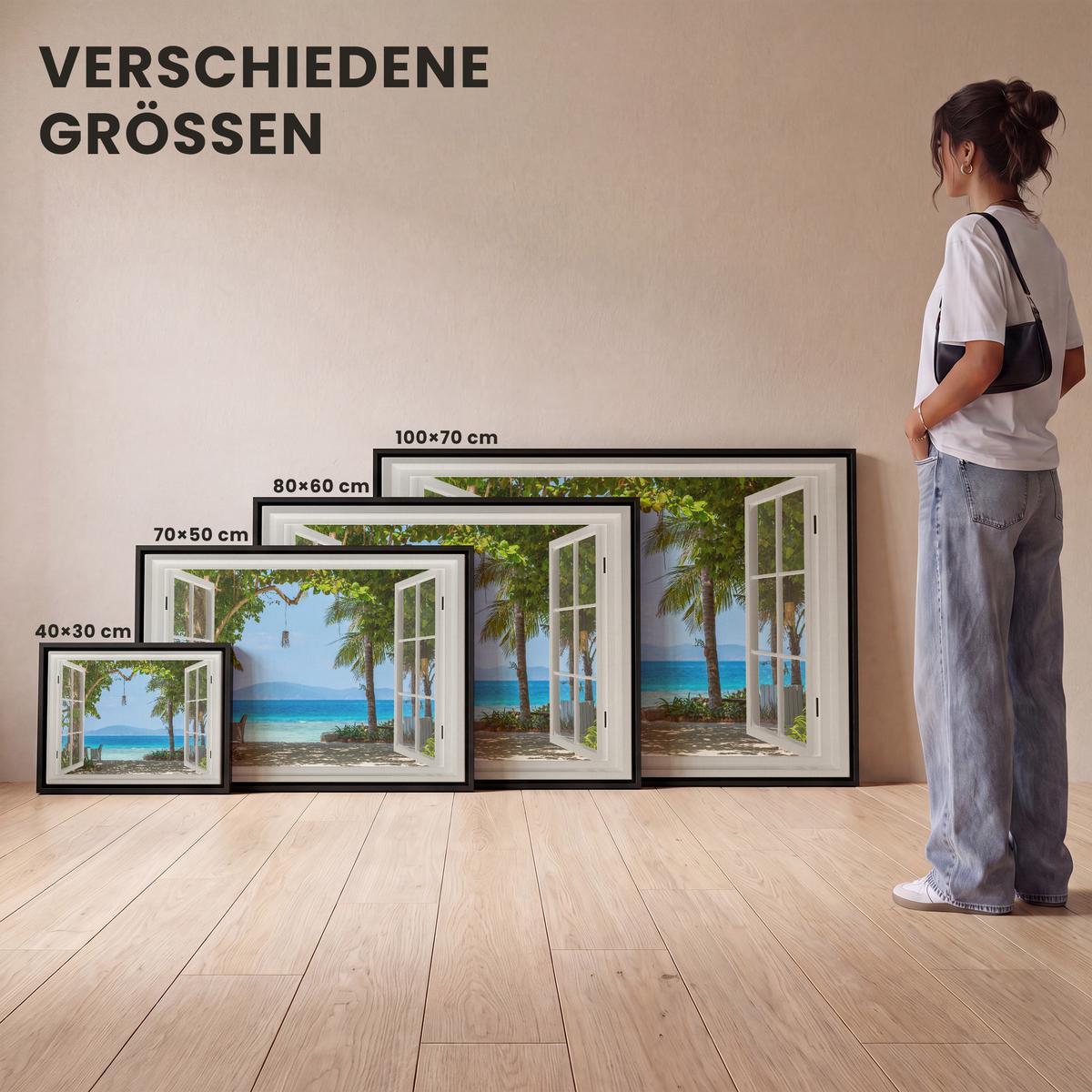 LEINWAND Bilder mit Rahmen - Aussicht - Baum - Meer - Palme - Hügel - Strand - Blau - 40x30 - Blau, Textil (40/30cm) - MuchoWow