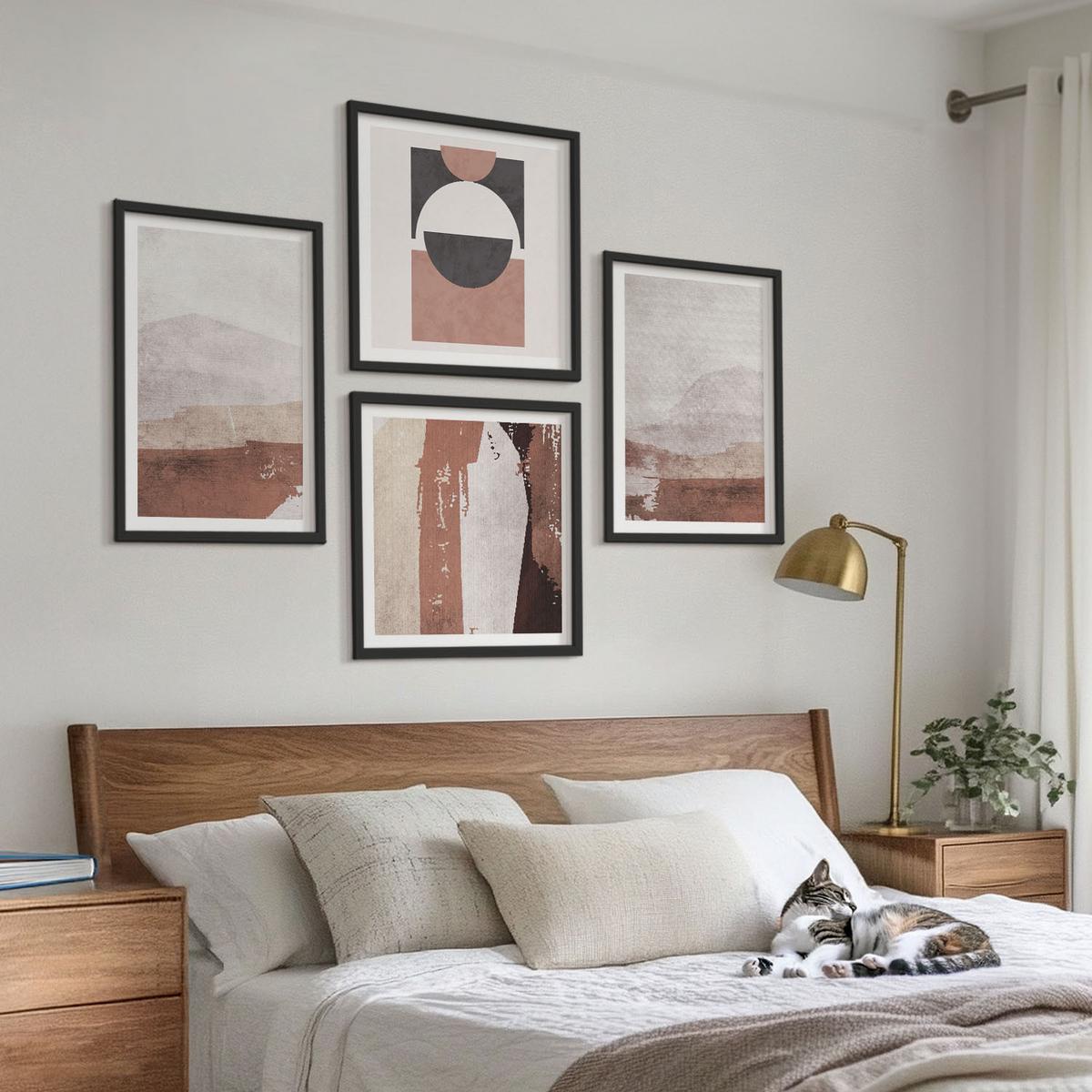 BILDER SET 4er Set - 50x50 cm & 40x60 cm Schwarzer Rahmen - Abstrakte braune Muster - Schwarz, Kunststoff (50/50cm) - TULUP
