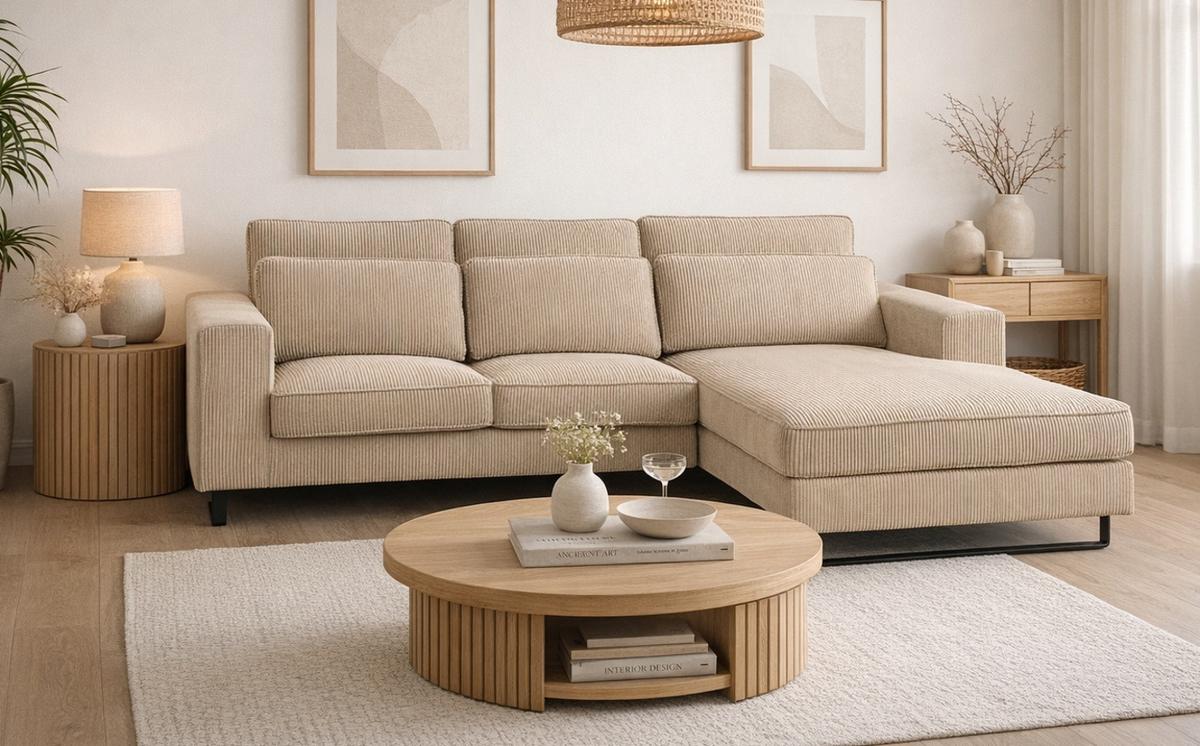 SOFA beige Cord 276 cm, Ecksofa 4-Sitzer, L-Sofa Ottomane rechts - Beige/Schwarz, Holz/Textil (276/183cm) - Inn.Furn