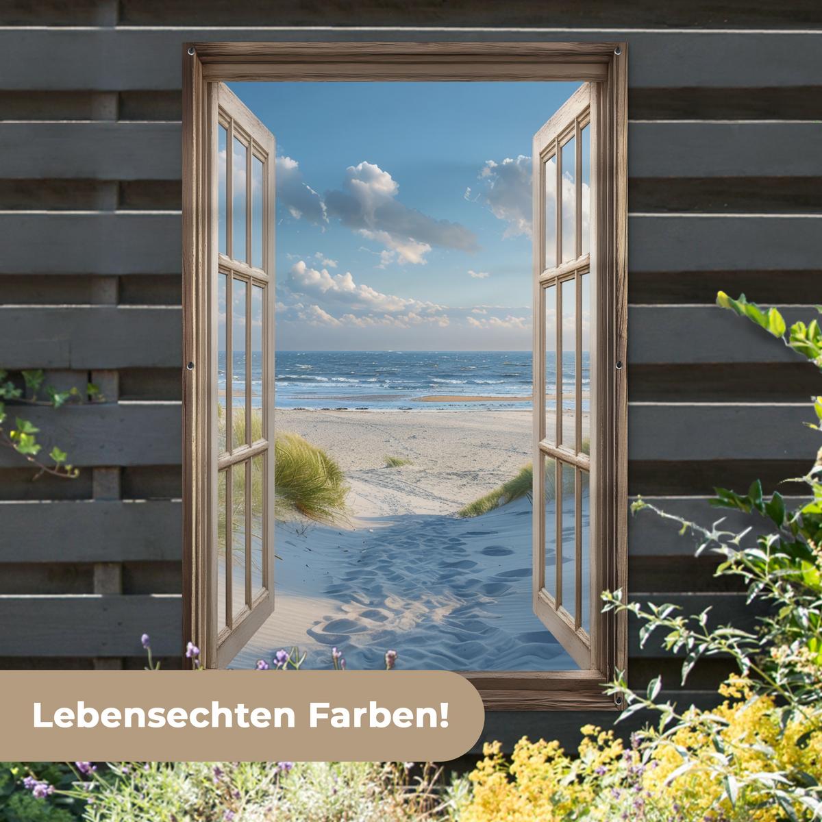 GARTENPOSTER Aussicht - Strand - Fenster - Dünen - Meer Bild 120x180 cm - Hellblau, Kunststoff (120/180/0.2cm) - OnlyWow