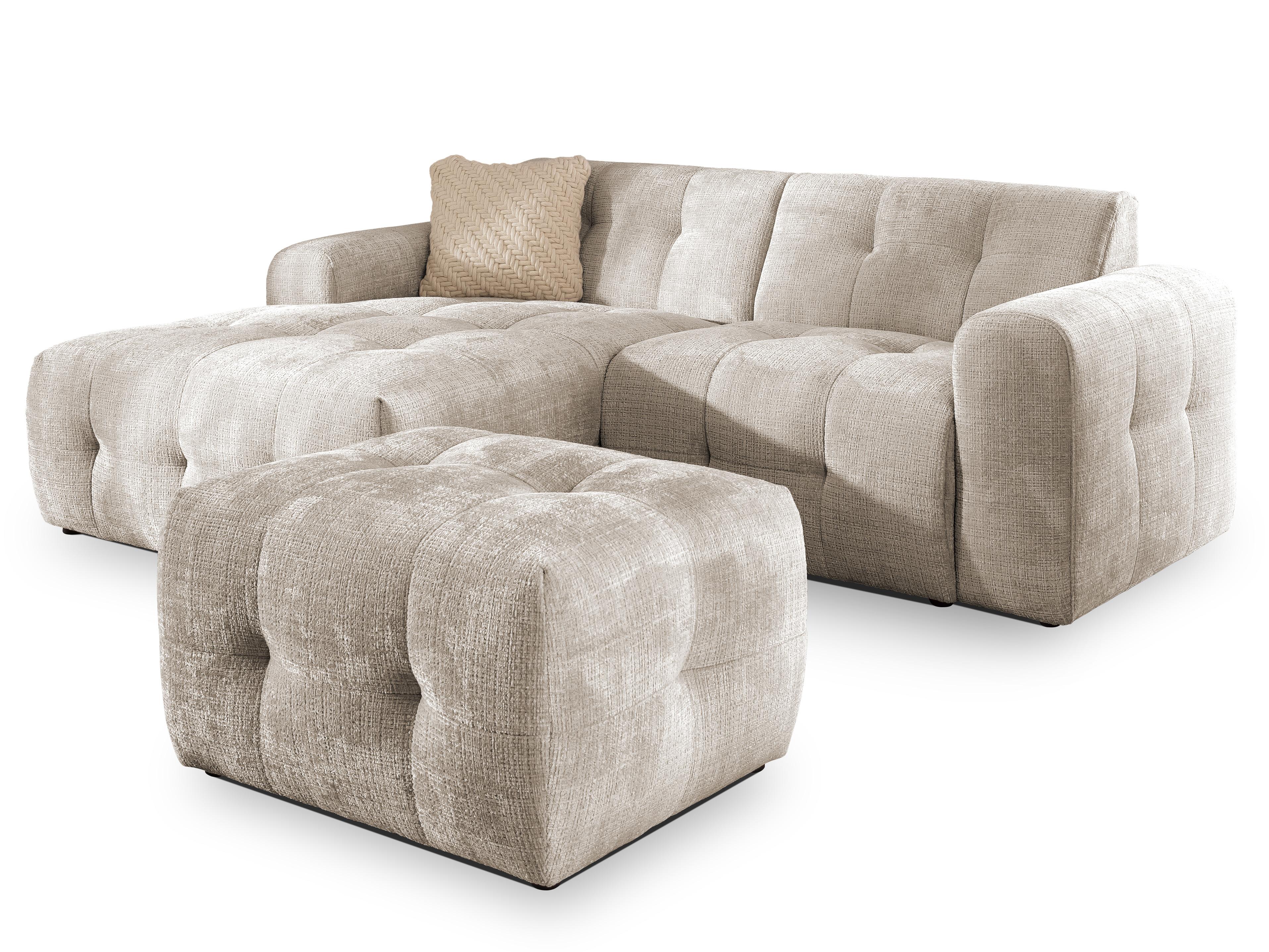 ECKSOFA inkl. Hocker Kozy im Bumpy-Design mit Schlaffunktion und fester Rückenlehne aus weichem Dunkelbeige Chenille-Stoff - Ottomane links - Beige/Schwarz, Holz/Kunststoff (161/234cm) - S-Style