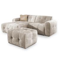 ECKSOFA inkl. Hocker Kozy im Bumpy-Design mit Schlaffunktion und fester Rückenlehne aus weichem Dunkelbeige Chenille-Stoff - Ottomane links - Beige/Schwarz, Holz/Kunststoff (161/234cm) - S-Style