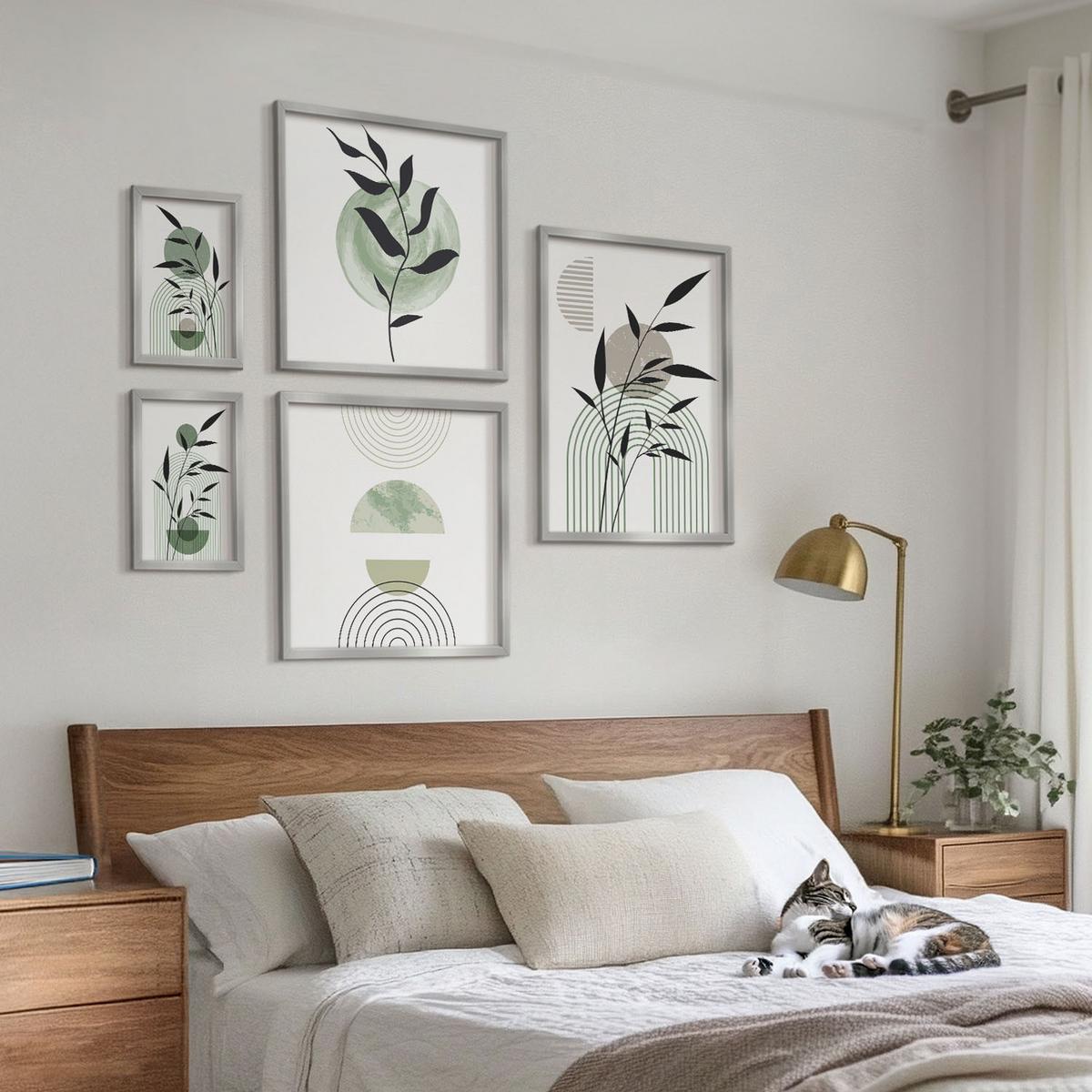 BILDER SET 5er Set - 50x50 cm & 20x30 cm & 40x60 cm Silberner Rahmen - Boho-Pflanzenkompositionen - Silberfarben, Kunststoff (40/60cm) - TULUP