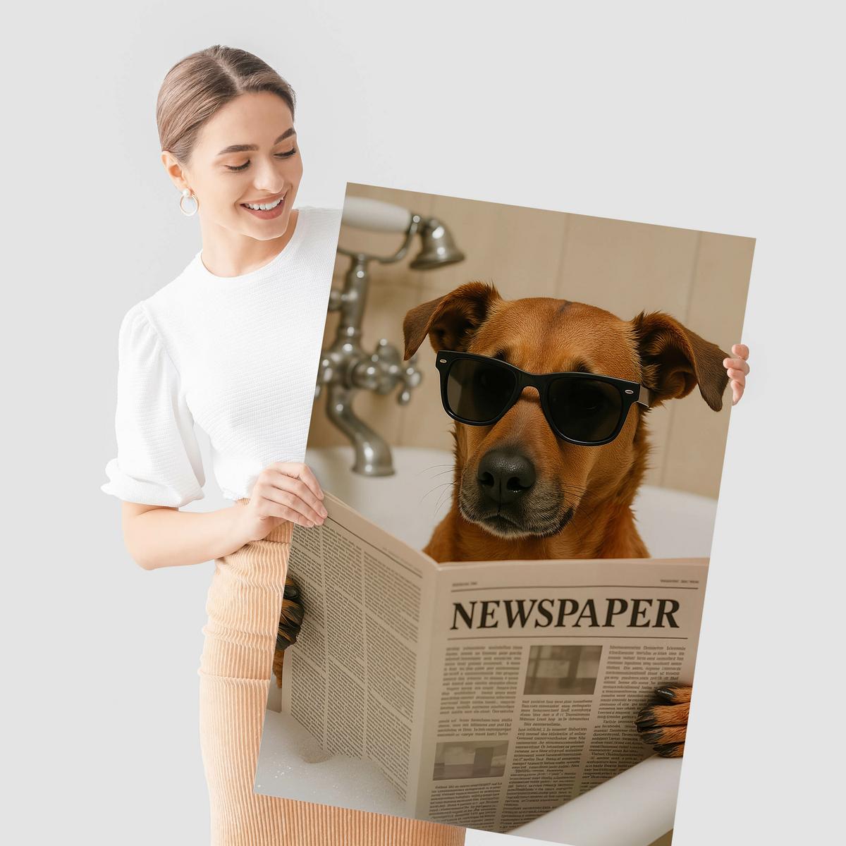 POSTER für WC Badezimmer HUND in Badewanne Retro Zeitung Abstraktion 20x30cm - Beige/Schwarz, Papier (20/30/30cm) - Muralo