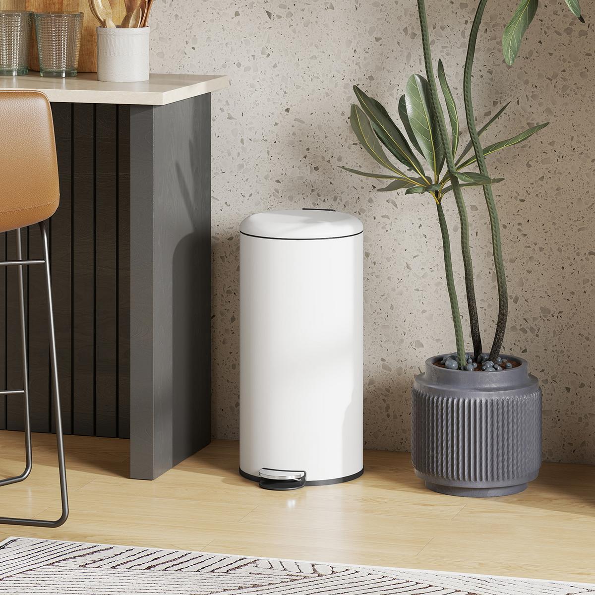 MÜLLEIMER 30L Treteimer mit Deckel Fußpedal Inneneimer, Wohnzimmer Büro Metall - Weiß, Kunststoff (30/63.5/36cm) - HOMCOM