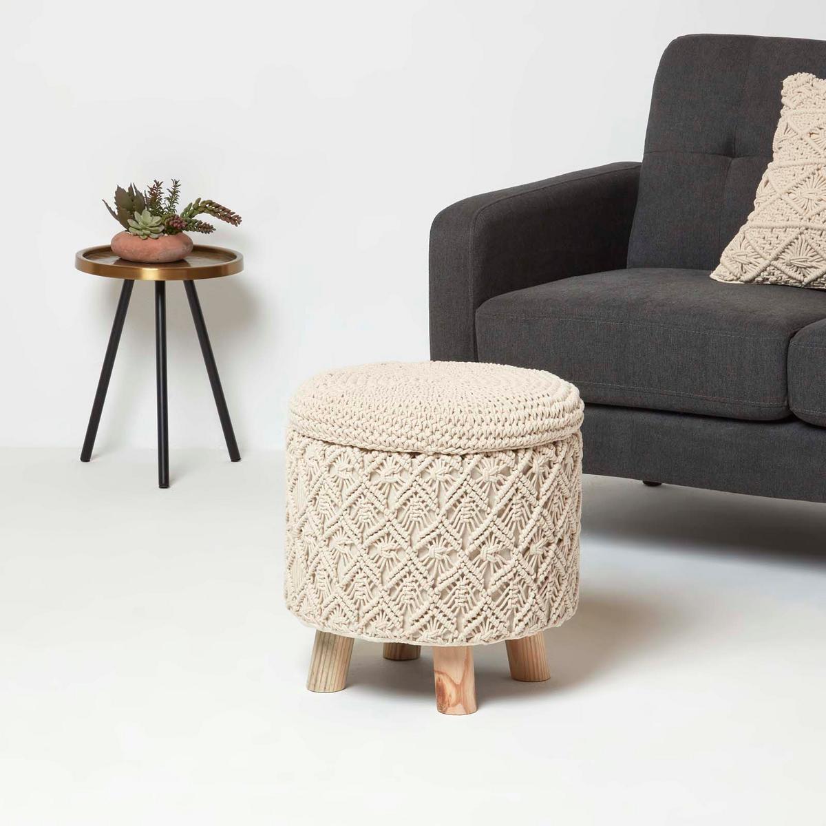 MAKRAMEE-HOCKER mit Stauraum Indy natur, 41/41/43 cm - Naturfarben, Textil (41/43/41cm) - Homescapes