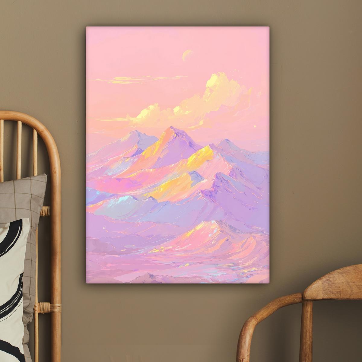 LEINWANDBILD Berggipfel - Wolken - Verträumt Wandbild Wohnzimmer 60x80 cm - Hellrosa, Textil (60/80cm) - MuchoWow