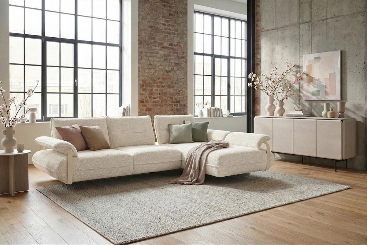 ECKSOFA ANISSA Cremeweiß Flachgewebe - Creme/Schwarz, Kunststoff/Textil (185/297cm) - KAWOLA