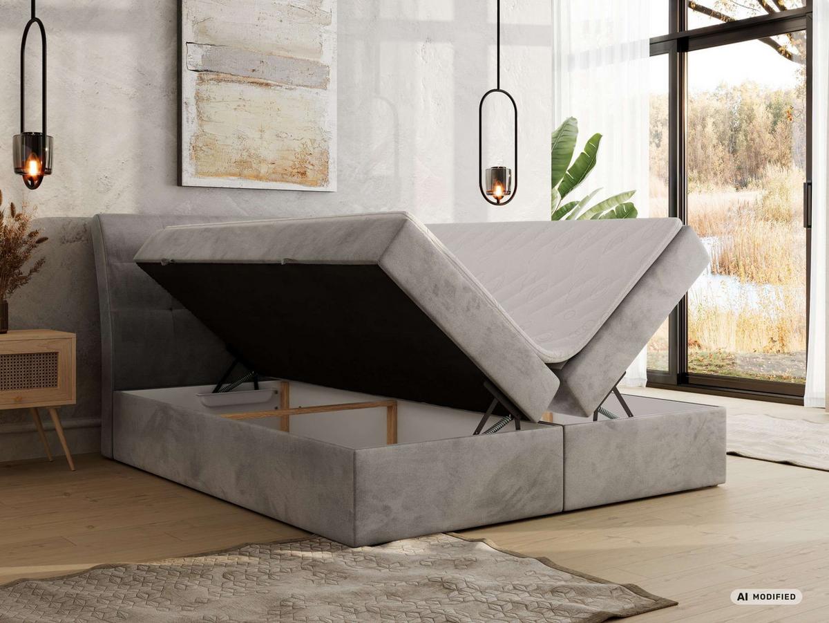 BOXBETT DAGOS 180/200 - Hellgrau Velvet - Topper T25 - H4 - Hellgrau/Schwarz, Kunststoff/Textil (180/200cm) - MKS