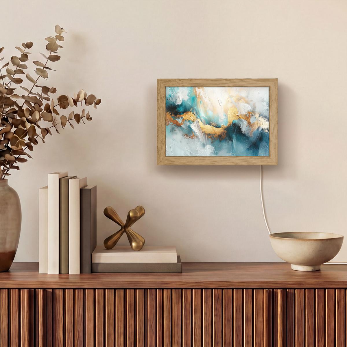 WANDLEUCHTE Abstrakt - Kunst - Gold - Blau 20x15 cm - Türkis, Holzwerkstoff (20/15/8cm) - OnlyWow