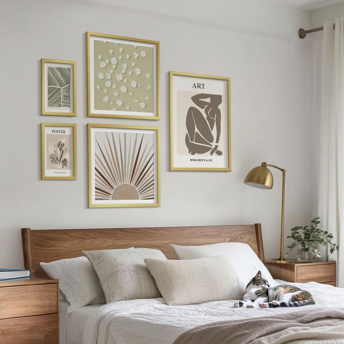 BILDER SET 5er Set - 50x50 cm & 20x30 cm & 40x60 cm Goldrahmen - Pflanzenmotive in gedeckten Farben - Goldfarben, Kunststoff (40/60cm) - TULUP
