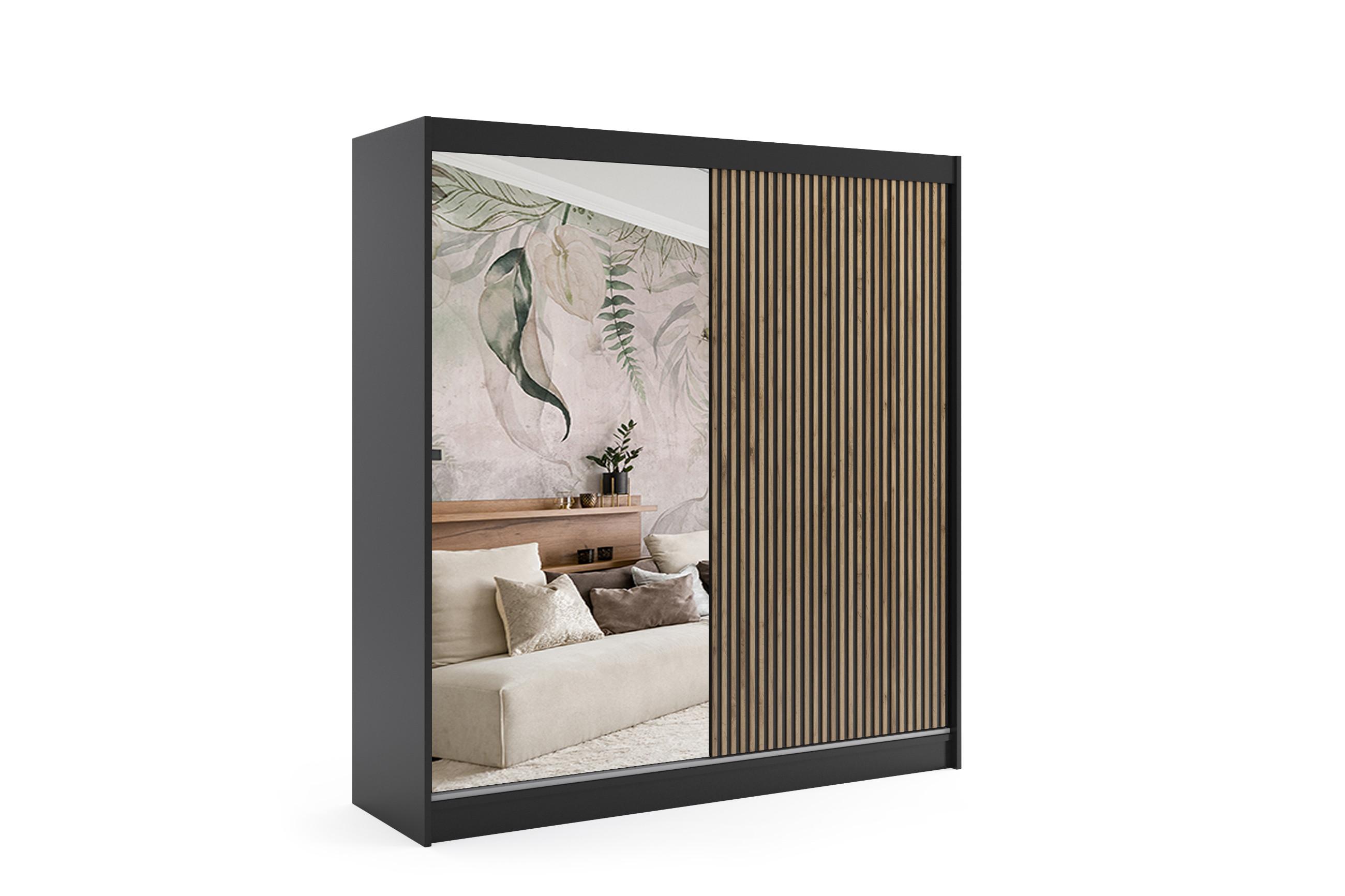 KLEIDERSCHRANK VILAN mit Spiegel/LED - 200 cm - Schwarz|Eiche Wotan - Eiche Wotan/Schwarz, Holzwerkstoff (200/215/61cm) - ALTDECOR