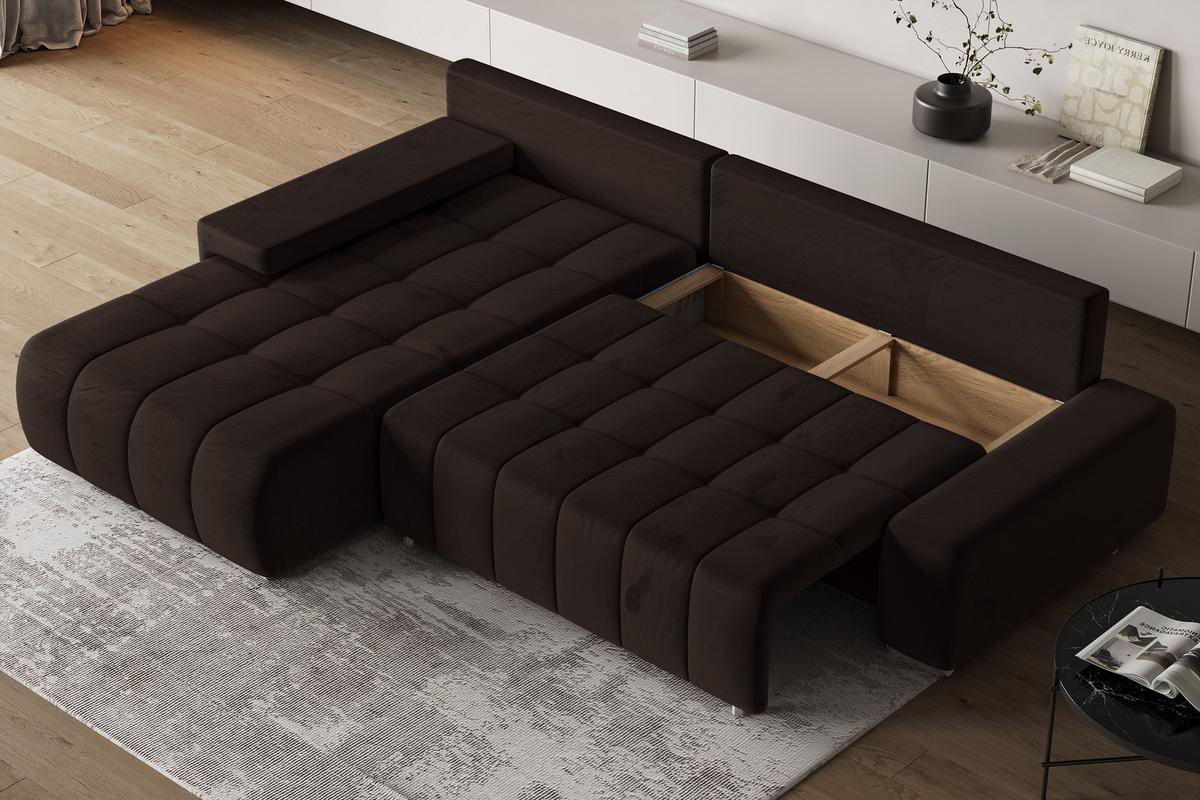 ECKSOFA ALESE L-S Braun Velours-Stoff mit Schlaffunktion - Silberfarben/Braun, Holz/Textil (265/185cm) - MASSENO