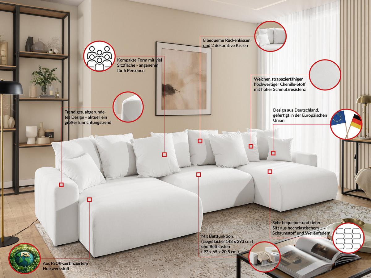 WOHNLANDSCHAFT Calma mit Schlaffunktion und Bettkasten im Bumpy-Design aus weichem Creme Webstoff - Creme/Schwarz, Holz/Textil (336/88/140cm) - S-Style