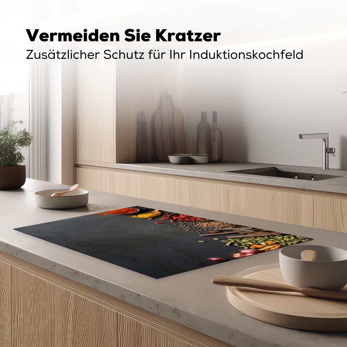HERDABDECKPLATTE Kräuter - Lebensmittel - Gewürze - Schwarz - Paprika - Zimt Induktionsschutz 80x52.2 cm - Currygelb, Kunststoff (80.2/52.2/0.2cm) - MuchoWow