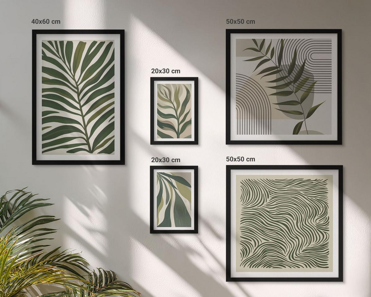 BILDER SET 5er Set - 50x50 cm & 20x30 cm & 40x60 cm Schwarzer Rahmen - Blätter, Wellen – Pastellillustrationen - Schwarz, Kunststoff (40/60cm) - TULUP