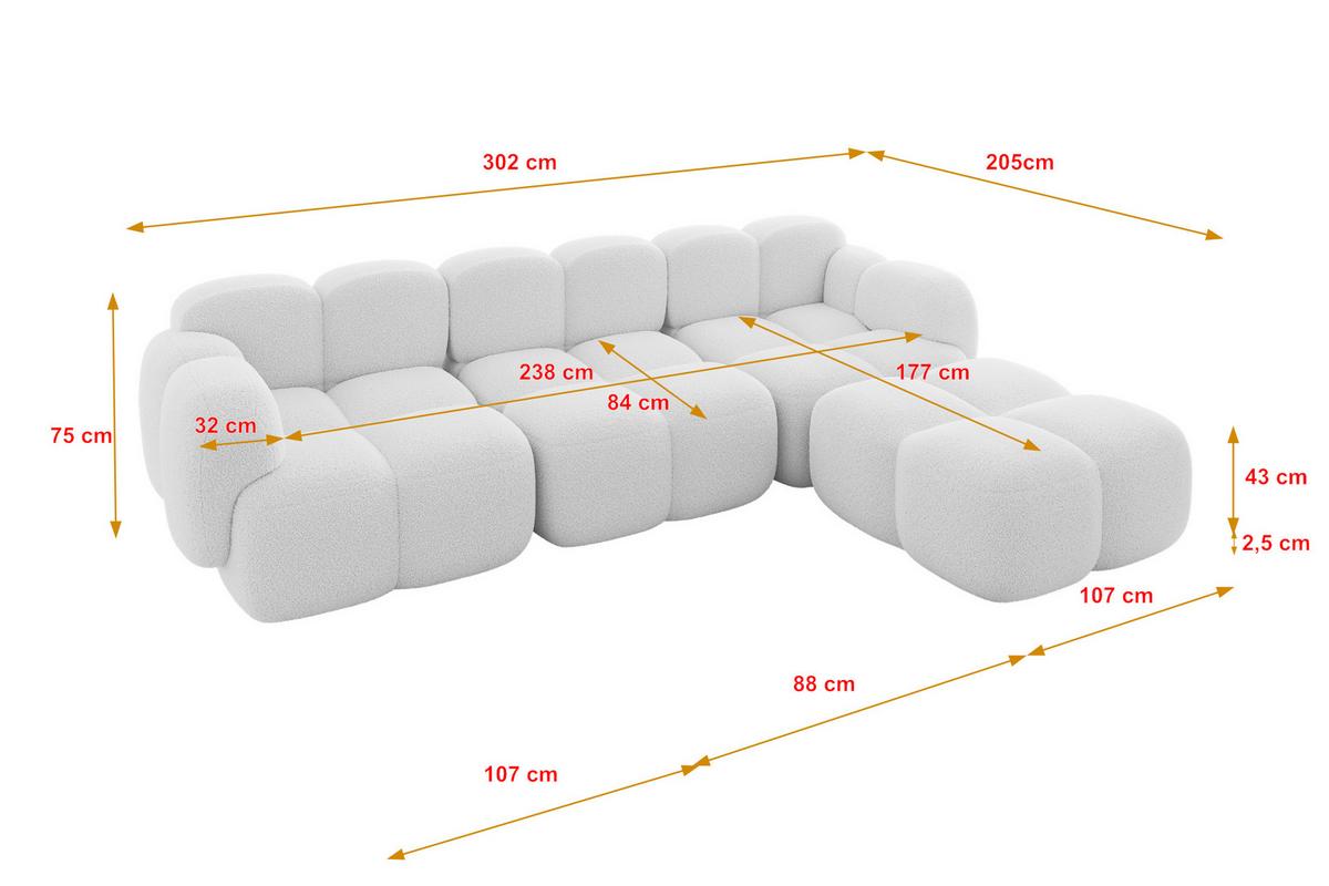 ECKSOFA modulares Sofa Rechts Miko-L2 302x205x75 Weiß Bouclé - Schwarz/Weiß, Holzwerkstoff/Kunststoff (302/205cm) - ALTDECOR