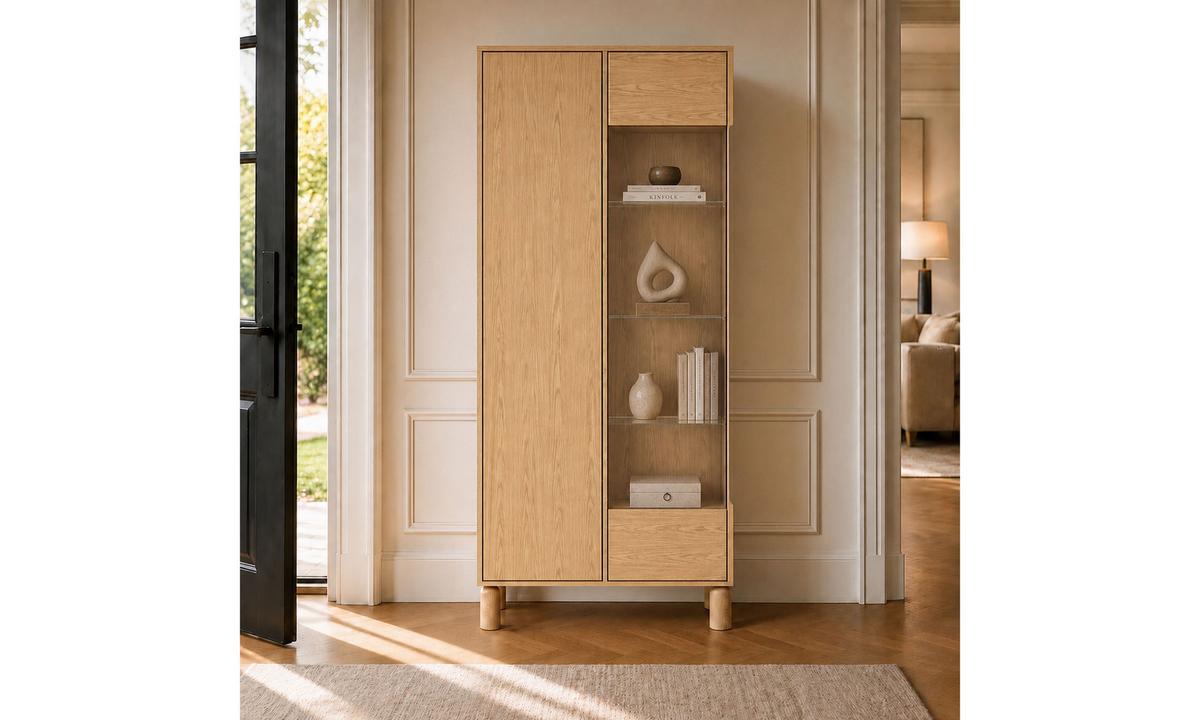 VITRINE LINDEN 89/40,6/197 cm mit Glastür ohne LED Eiche Bookmatch - Eichefarben, Eichenholz/Holzwerkstoff (89/197/40.6cm) - Lookway