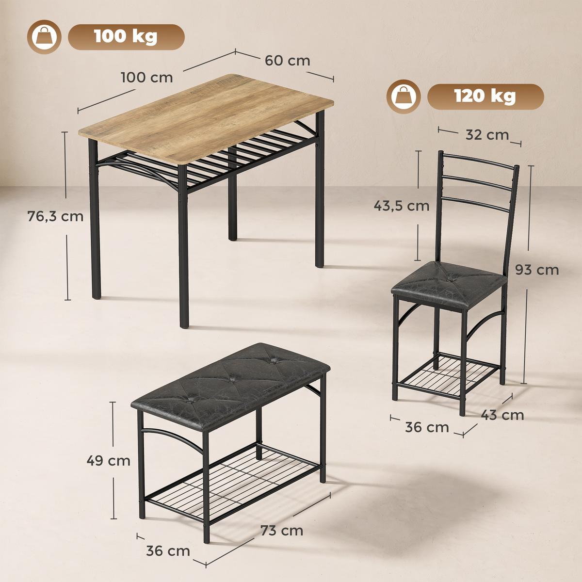 ESSGRUPPE 4er Set Metall MDF Rustikal-Braun - Schwarz/Braun, Holzwerkstoff/Kunststoff (60/76.3/100cm) - HOMCOM