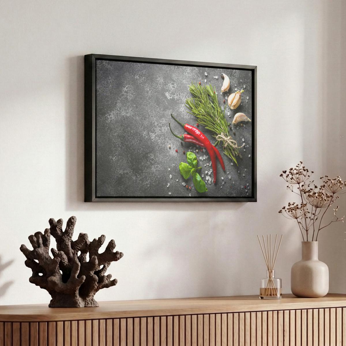LEINWAND Bilder mit Rahmen - Pfeffer - Kräuter - Gewürze - Beton - 30x20 - Dunkelgrau, Textil (30/20cm) - MuchoWow