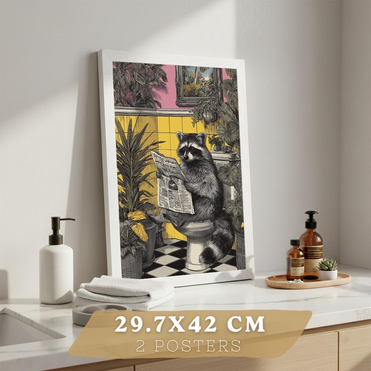 POSTER 2er-Set dekorative Badezimmer-Kunstdrucke, künstlerische für Wand, Waschbecken, Toilette mit Tieren auf der Toilette, Vintage Weißer Rahmen A3 - Weiß, Papier (42/29.7/3cm) - Nacnic