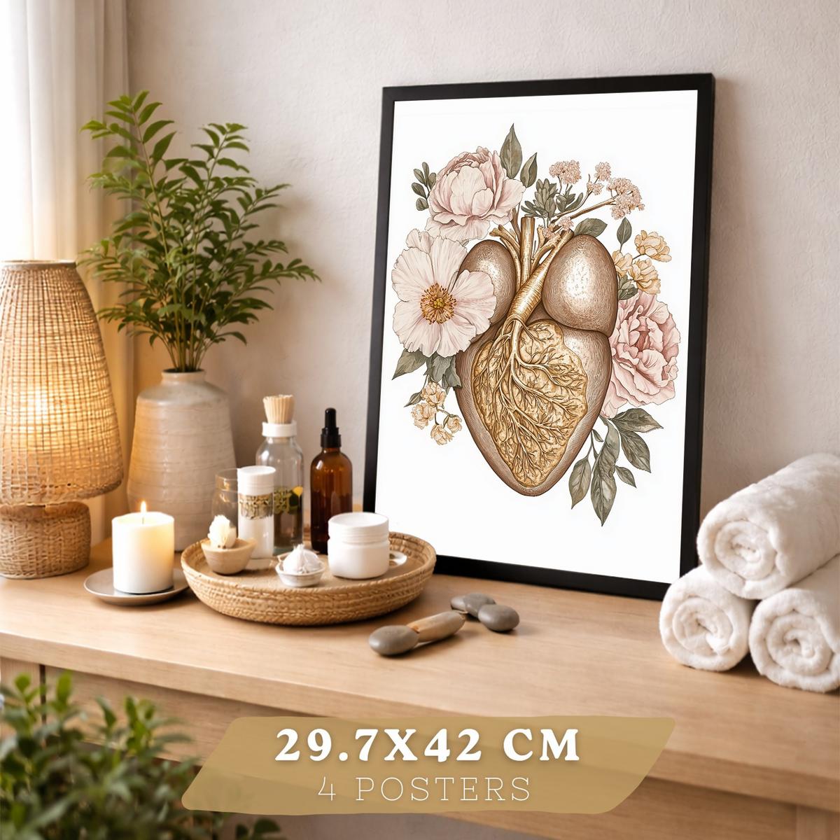 POSTER Set aus 4 Körper Anatomie Drucke mit Gehirn Herz Lungen Luftröhre Bronchien Nieren Verdauungssystem Magen Darm Größe Schwarzer Rahmen A3 - Schwarz, Papier (29.7/42/3cm) - Nacnic